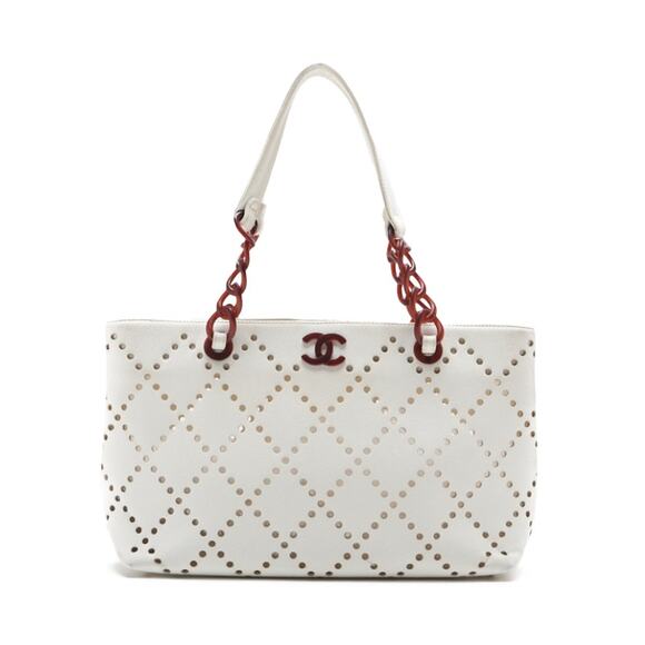 CHANEL Handbags - Authentic CHANEL CC Caviar Perforated Bekko Chain Tote White Red Shoulder Bag